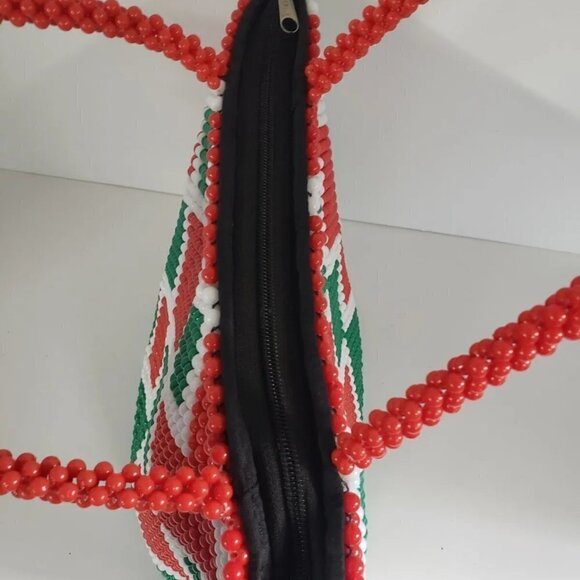 Handmade Red Green White Diamond Pattern Plastic Beaded shoulder Bag - Picture 4 of 8